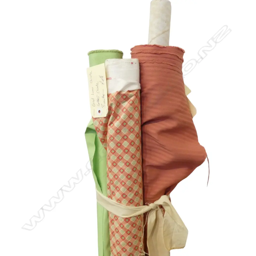 3 FABRIC BOLTS; CORAL STRIPE 12.5M, LIME TAFFETA, 8.5M & CORAL LIME CHINTZ 3M ROLL Image 1++
