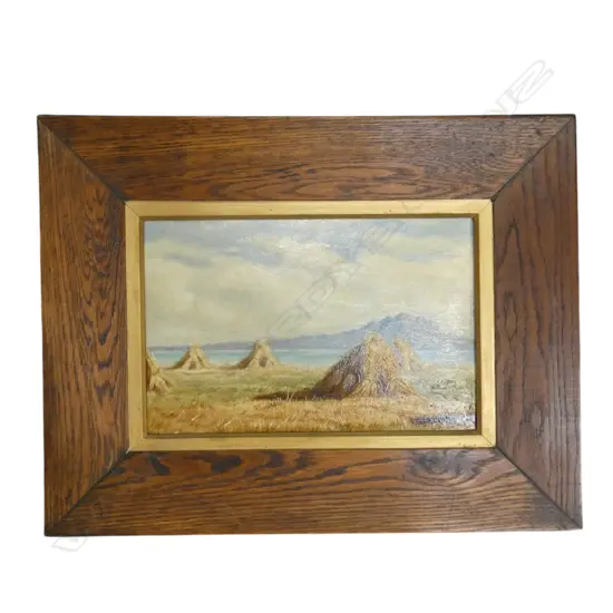 ARTIST UNKNOWN, HAY STOOKS, OIL ON BOARD, 185x285mm