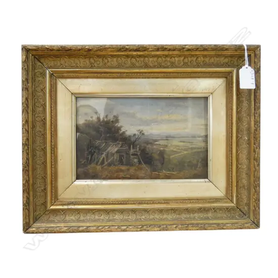 ARTIST UNKNOWN (19TH CENTURY), HUT IN NZ LANDSCAPE, OIL ON BOARD, 135 X 235MM (HOUSED IN PERIOD FRAME)