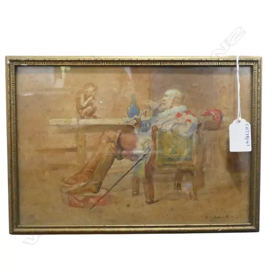FRAMED W/C GENT WITH MONKEY SIGNED R WALLWORK H180 W260MM