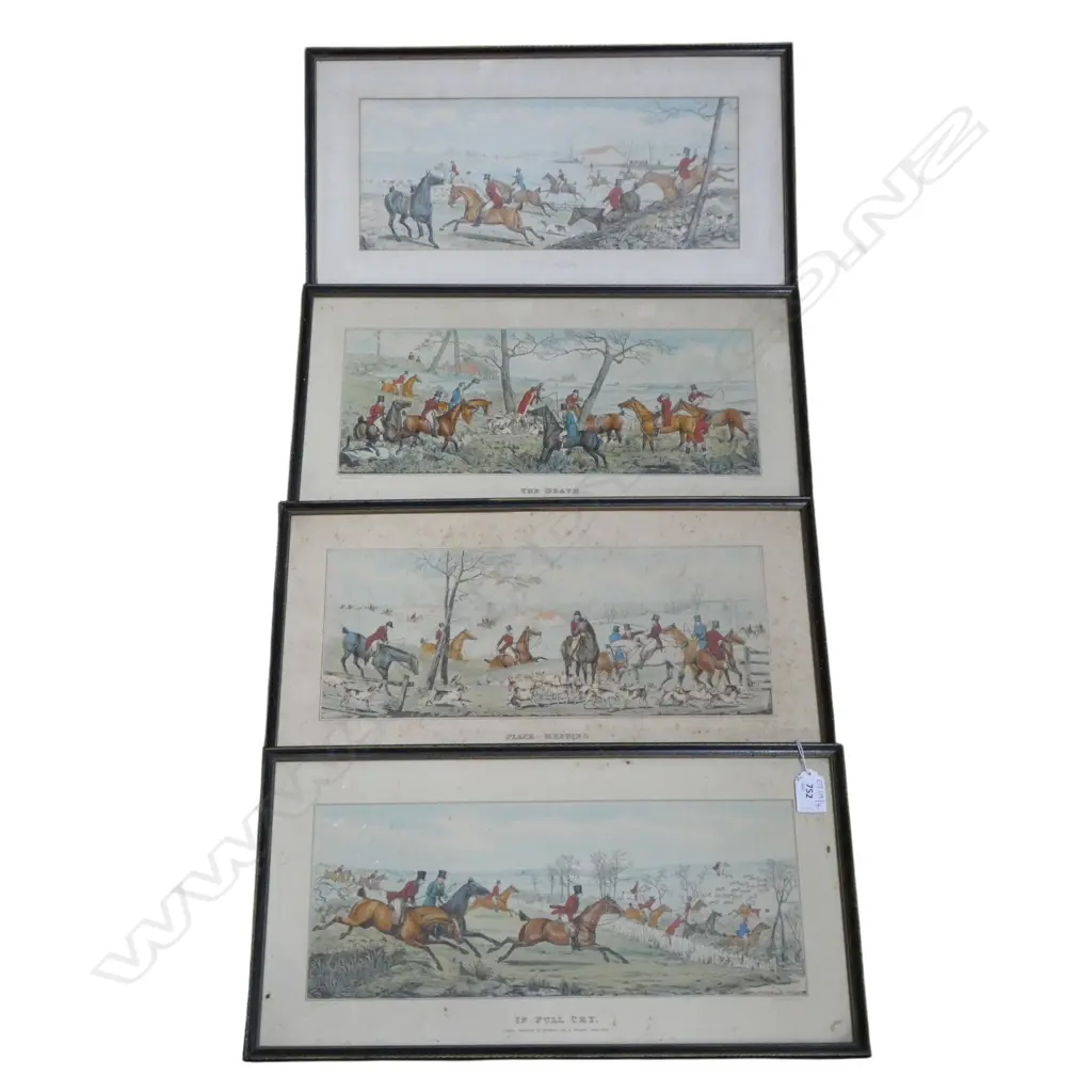 4 HUNTING PRINTS; PLACE OF MEETING, GONE AWAY, IN FULL CRY, THE DEATH 150x370mm  Image 1++