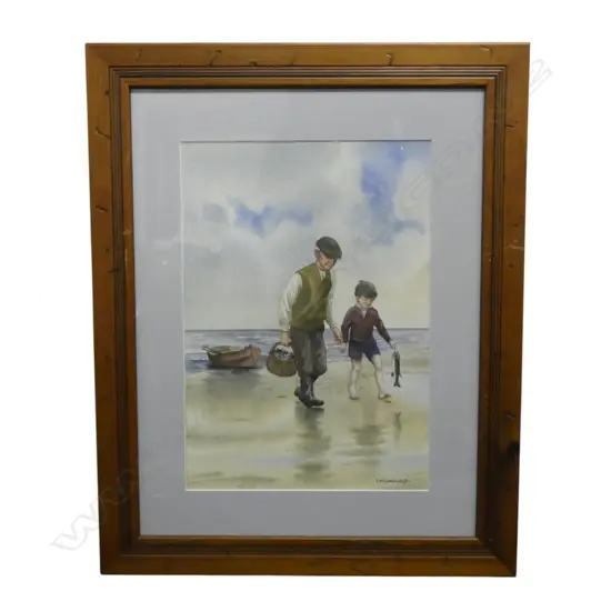 J McDONALD WATERCOLOUR GRANDDAD & GRANDSON RETURNING from fishing 350 x 245mm
