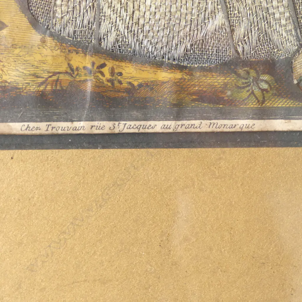 HAND COLOURED 19TH C. FRENCH PRINT WITH APPLIED FABRIC DECORATION 265 X 195MM Image 1++