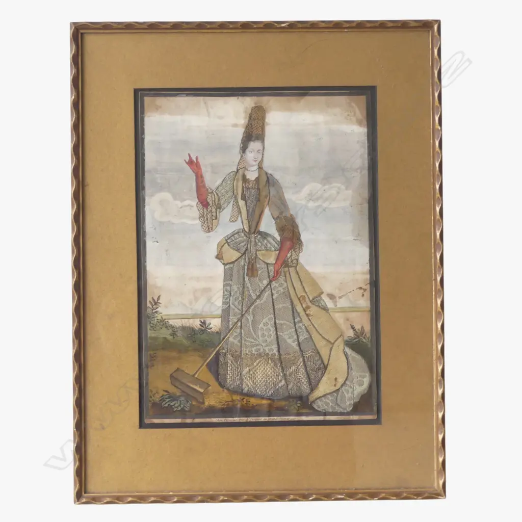 HAND COLOURED 19TH C. FRENCH PRINT WITH APPLIED FABRIC DECORATION 265 X 195MM Image 1++