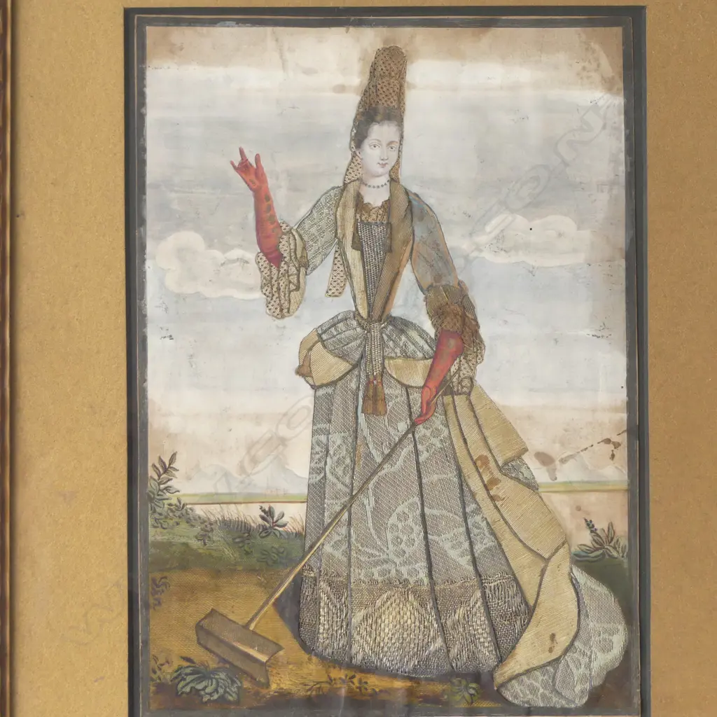HAND COLOURED 19TH C. FRENCH PRINT WITH APPLIED FABRIC DECORATION 265 X 195MM Image 1++