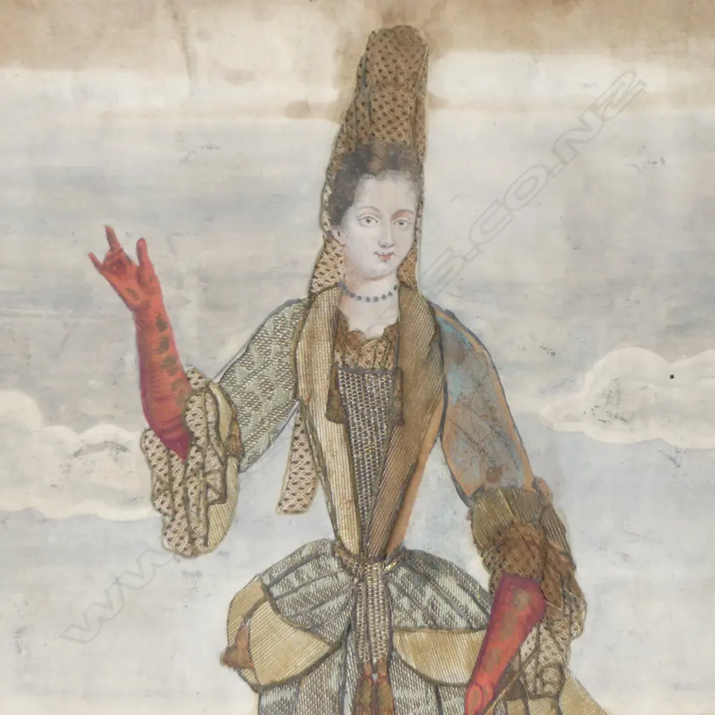 HAND COLOURED 19TH C. FRENCH PRINT WITH APPLIED FABRIC DECORATION 265 X 195MM Image 1++