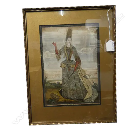 HAND COLOURED 19TH C. FRENCH PRINT WITH APPLIED FABRIC DECORATION 265 X 195MM