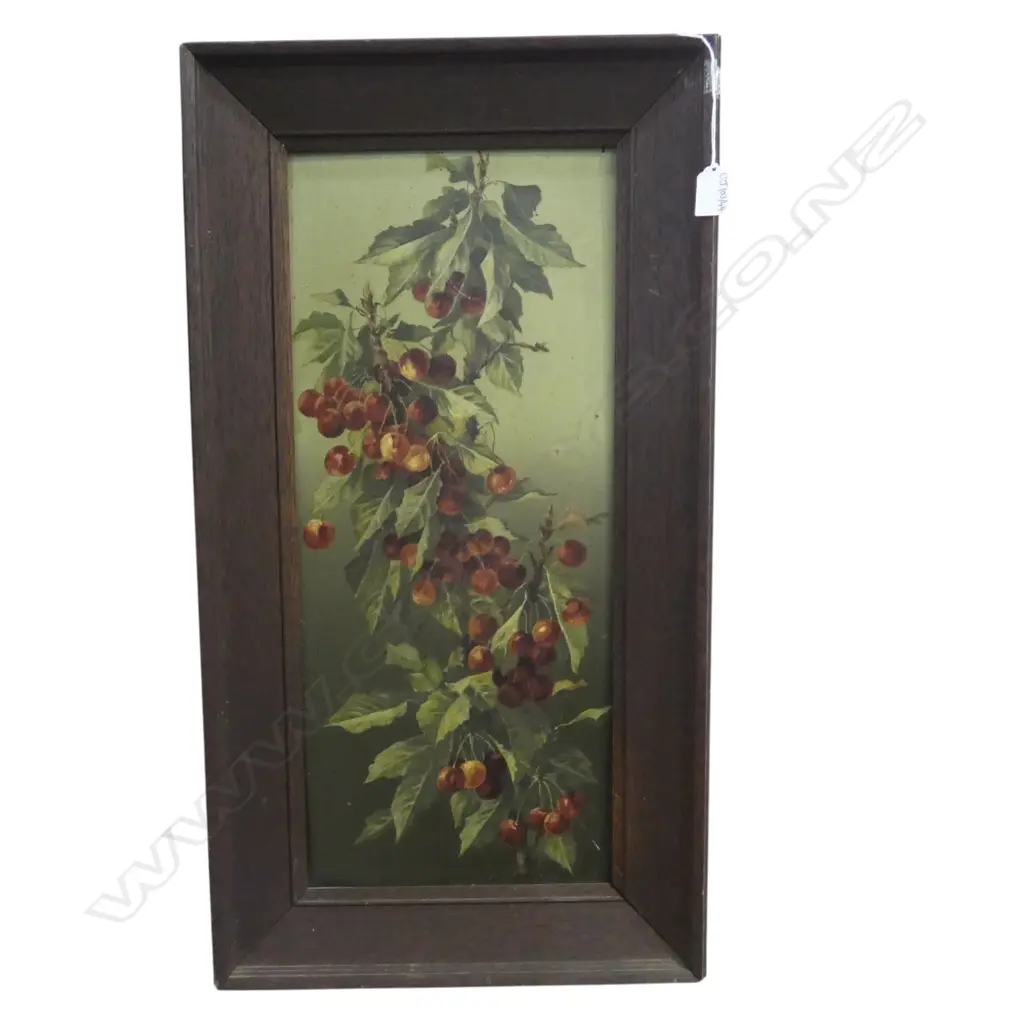 ANTIQUE OIL ON METAL, CHERRIES 580x245mm OAK FRAME Image 1++
