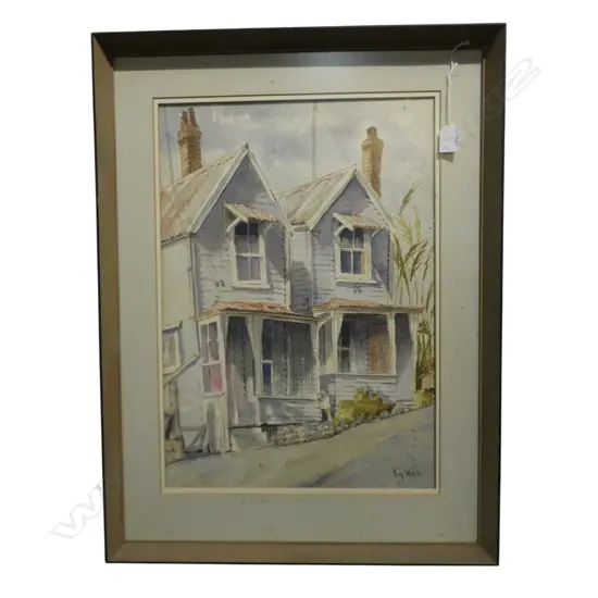 FRAMED W/C BLUE HOUSES PARNELL BY KAY WALSH H500 W360MM
