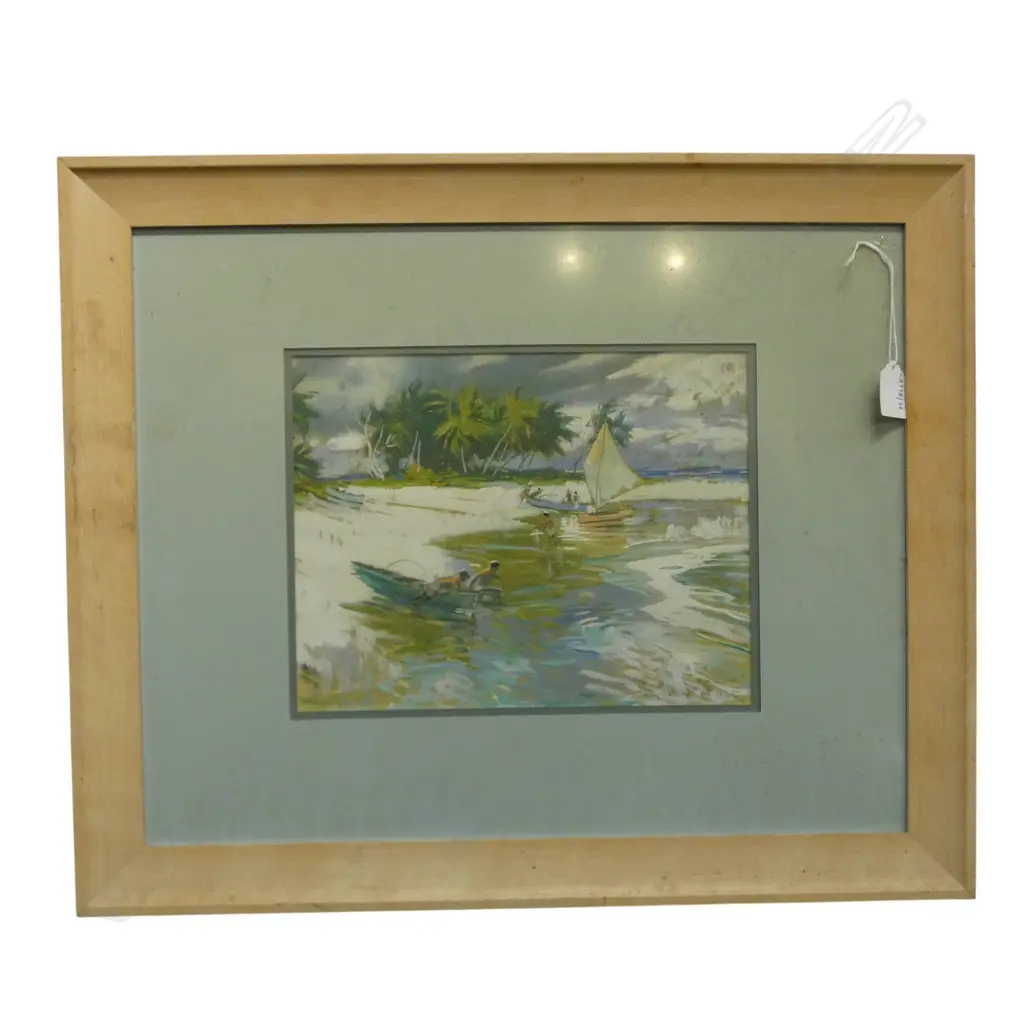 FRAMED GAUCHE TAHITI FISHERMEN SIGNED GUY HUZE H230 W300MM Image 1++