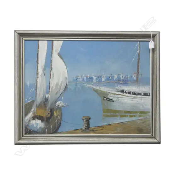 SIGNED OIL ON BOARD WHARF SCENE BOATS & HOUSES. 450 x 600mm Signed