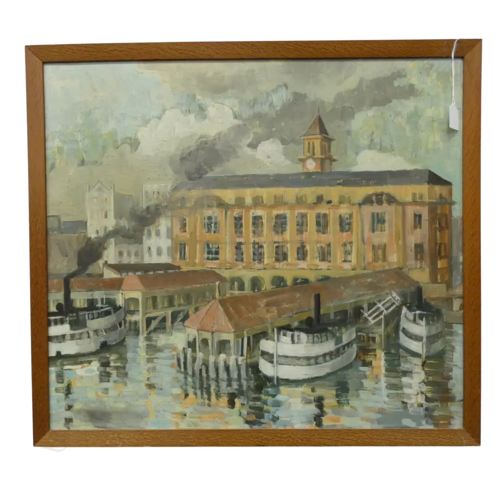 JOCELYN DYE, AUCKLAND FERRY BUILDING, OIL ON BOARD, 530x595mm Image 1++