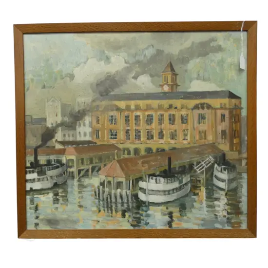 JOCELYN DYE, AUCKLAND FERRY BUILDING, OIL ON BOARD, 530x595mm