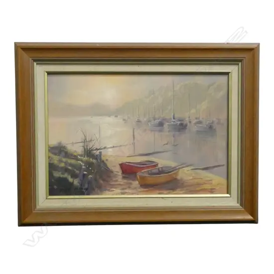 JOHN SPEEDY OIL ON CANVAS 'BOATS IN AFTERNOON LIGHT at WHANGAMATA'. Signed. Labelled & dated 1995 verso. 270 x 400mm