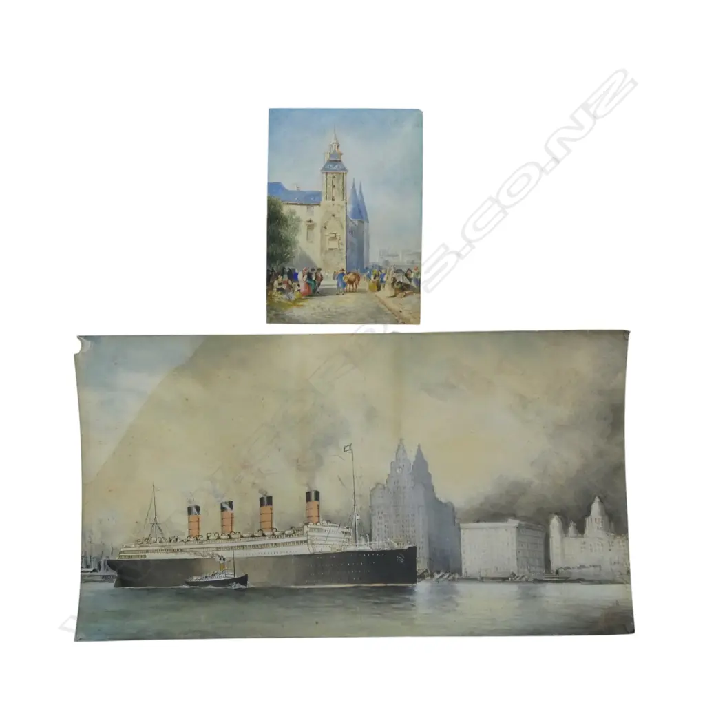 JOHN DWYER, STEAM LINER IN NEW YORK HARBOUR 1919, WATERCOLOUR, SIGNED AND DATED, 305 X 555mm + VILLAGE SCENE WATERCOLOUR Image 1++