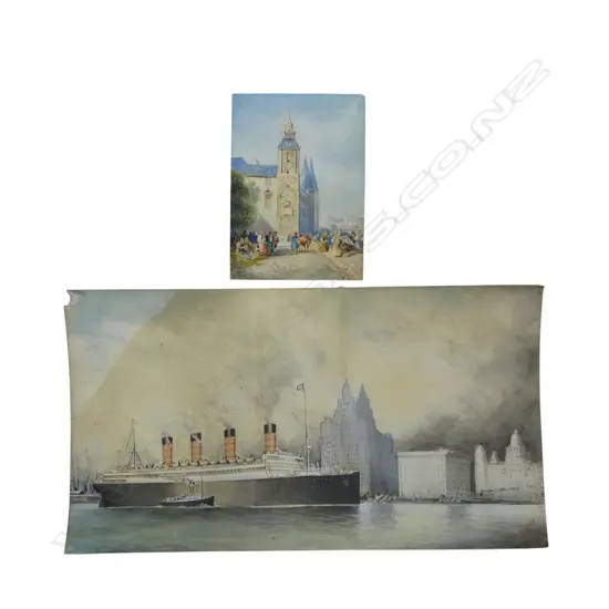 JOHN DWYER, STEAM LINER IN NEW YORK HARBOUR 1919, WATERCOLOUR, SIGNED AND DATED, 305 X 555mm + VILLAGE SCENE WATERCOLOUR