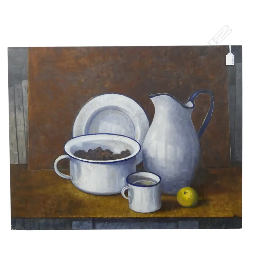 ROGER STAPLES (1942-2025) 'JUG PLATE LEMON' acrylic on linen signed. Entitled & dated 2013 verso. 560x715mm Image 1++