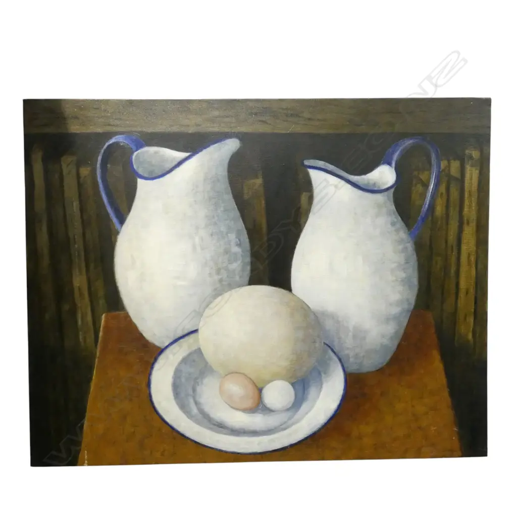 ROGER STAPLES (1942-2025) 'TWO JUGS AND EGGS' oil on linen signed. Entitled & dated 2013 verso. 560x715mm Image 1++