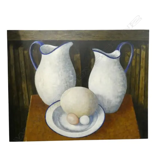 ROGER STAPLES (1942-2025) 'TWO JUGS AND EGGS' oil on linen signed. Entitled & dated 2013 verso. 560x715mm