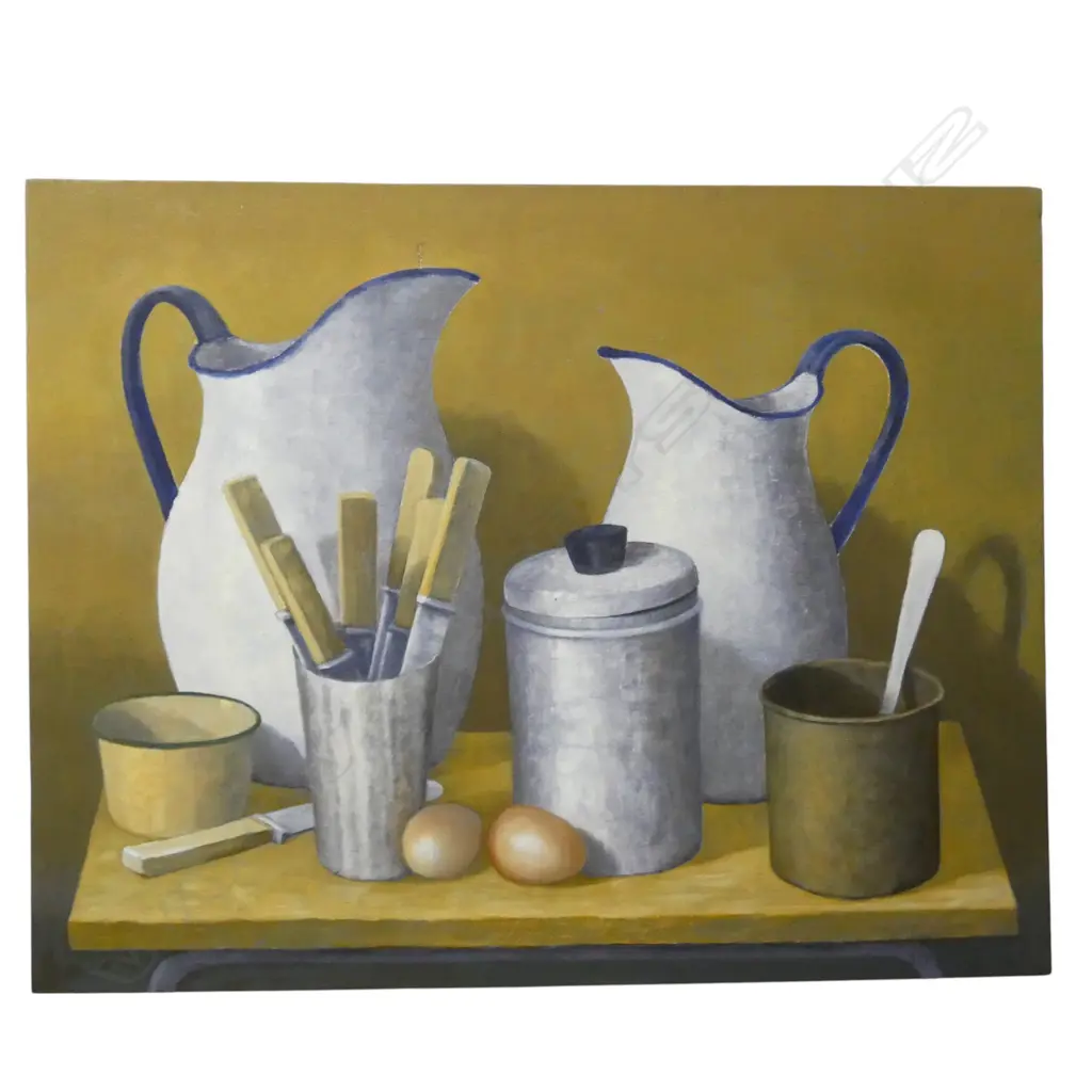ROGER STAPLES (1942-2025) 'JUGS EGGS KNIVES' acrylic on linen signed. Entitled & dated 2013 verso. 560x715mm small tear Image 1++