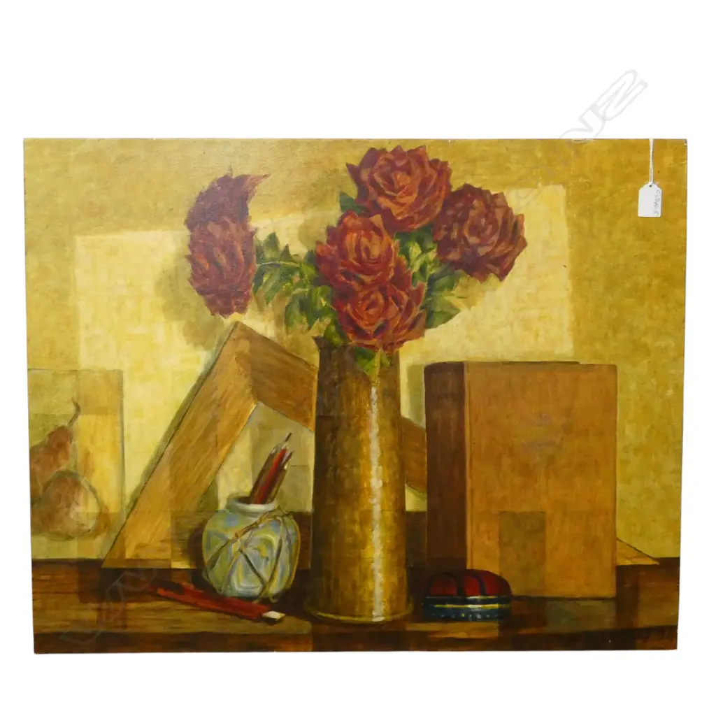 ROGER STAPLES (1942-2025) 'ROSES AND SHELL CASE' acrylic on linen signed. Entitled & dated verso. 560 X 710mm Image 1++