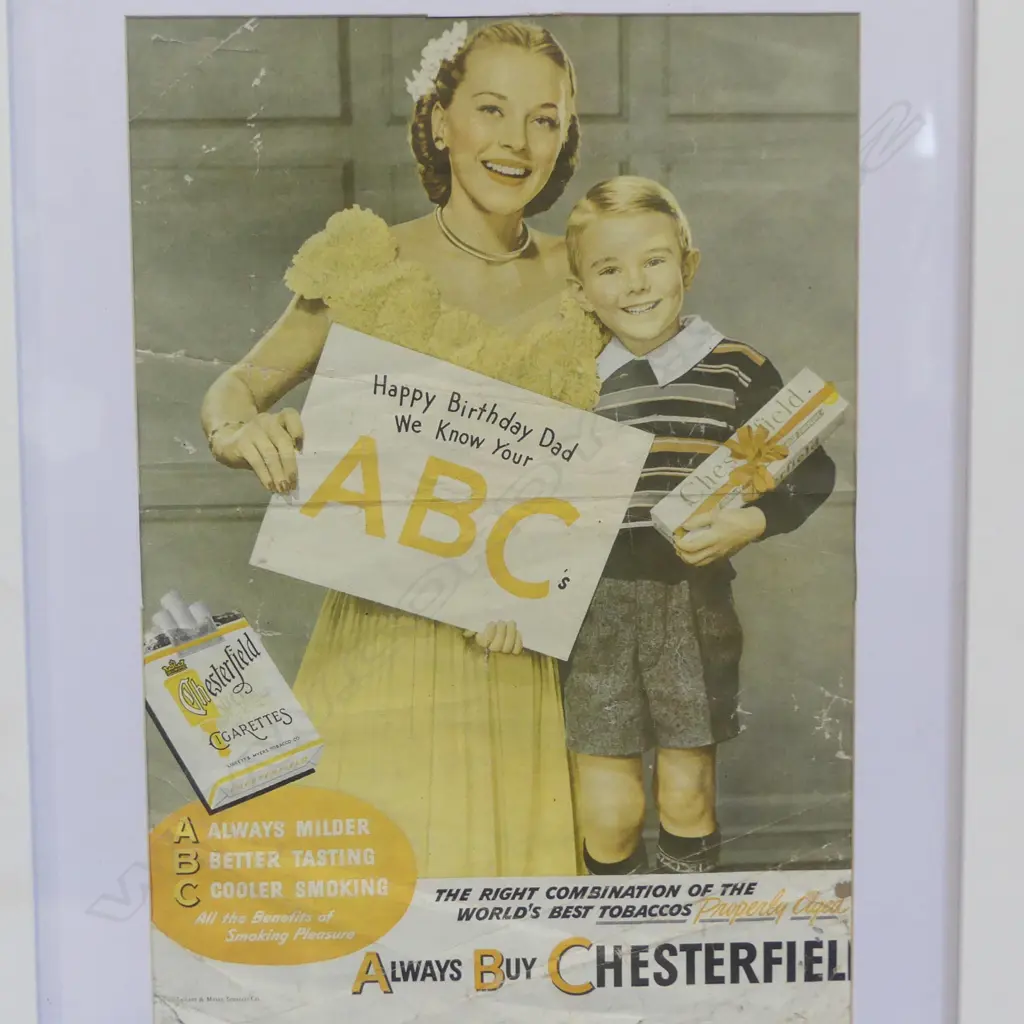 FRAMED 1940'S MAGAZINE ADVERTISEMENT FOR CHESTERFIELD CIGARETTES, 320 X 220MM Image 1++