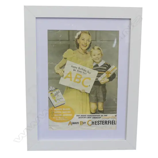 FRAMED 1940'S MAGAZINE ADVERTISEMENT FOR CHESTERFIELD CIGARETTES, 320 X 220MM