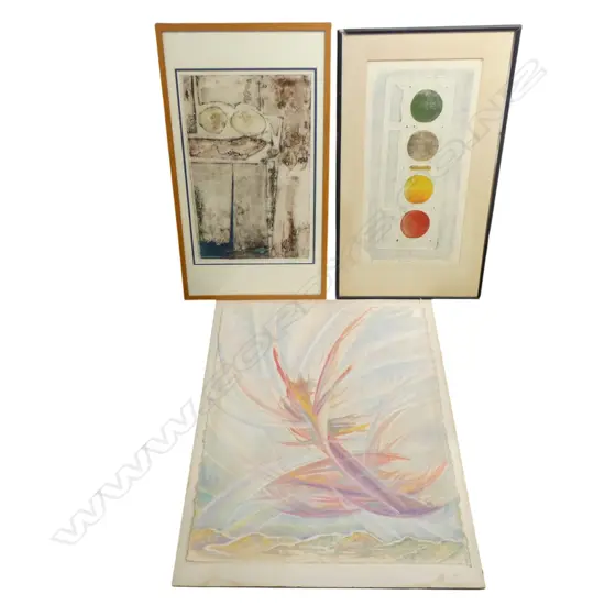 3 ARTWORKS; 2 SIGNED PRINTS 3/12, 3/6 + MOUNTED SIGNED WC PASTEL 770x585mm