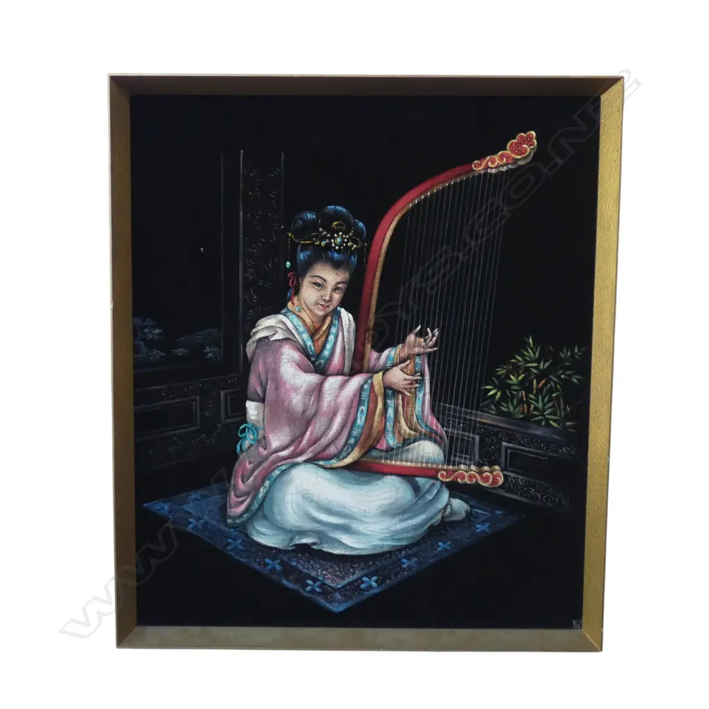 CHINESE LADY PLAYING A HARP, OIL ON VELVET, 655 X 565mm Image 1++