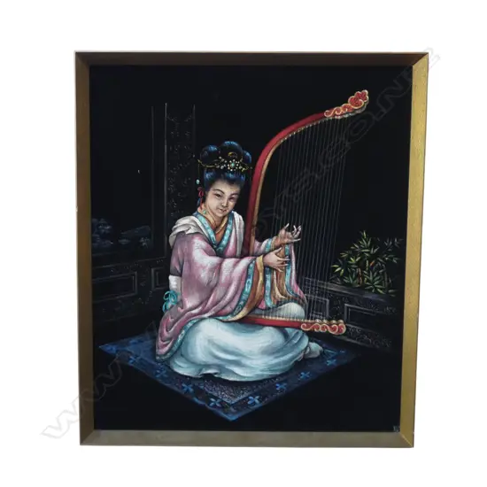 CHINESE LADY PLAYING A HARP, OIL ON VELVET, 655 X 565mm
