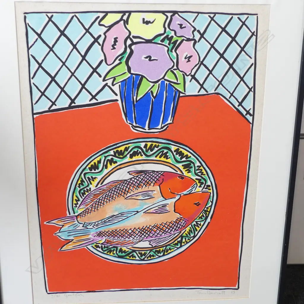 TOM BURNETT 'GOATFISH' SCREENPRINT 9/80 695x525mm SIGNED & DATED '85 - NO GLASS / FOXING Image 1++