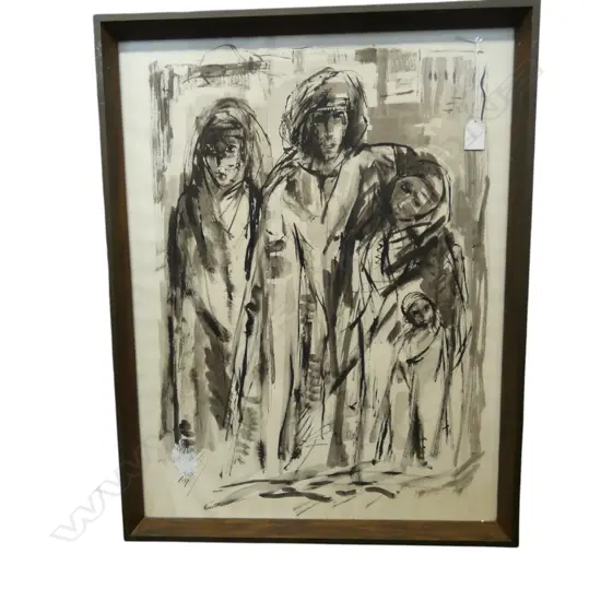 FRAMED BLACK & WHITE  MUSLIM FAMILY SIGNED INDERSTINCLY H630 W430MM
