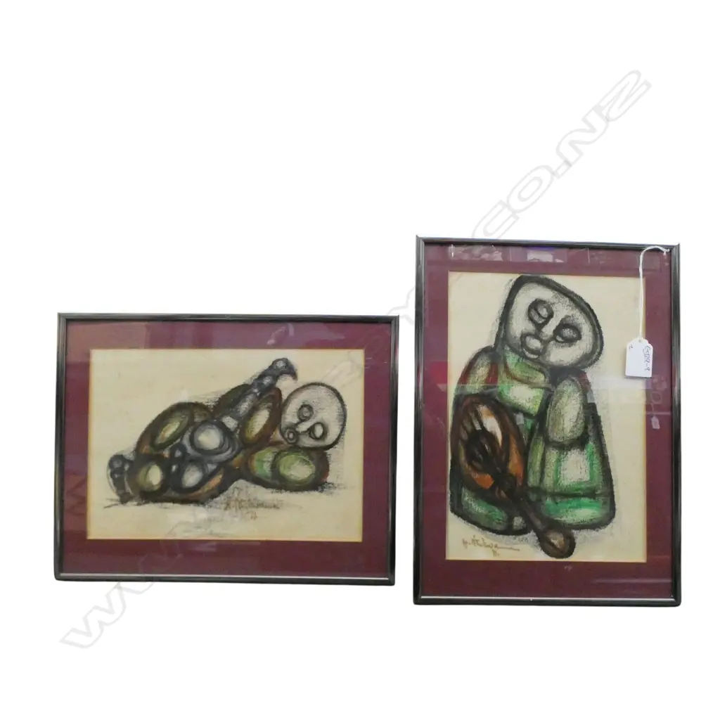2 FRAMED WORKS by HARGREEVES NTUKWANA, CHARCOAL & CRAYON, 180x260mm Image 1++