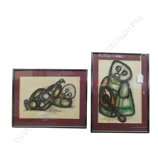 2 FRAMED WORKS by HARGREEVES NTUKWANA, CHARCOAL & CRAYON, 180x260mm