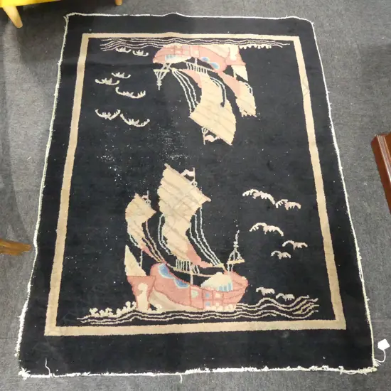 HAND KNOTTED BLACK WOOL PILE RUG w. CHINESE JUNK BOAT DESIGN 1500x1100mm