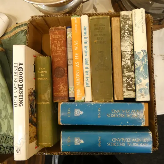 BOX OF VINTAGE NZ BOOKS: WAR & HISTORY TITLES: 'A Good Dusting' + Historical Records of NZ' Vols 1&2 + 'From Tasman to M