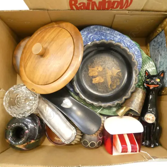 ASST. VINTAGE INCLDS 2 SILVER TOPPED CLOTHES BRUSHES, RORSTRAND DISH & CHINESE PAPIER MACHE DISHES