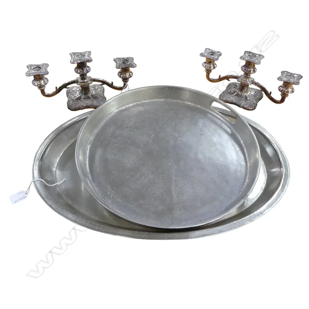 2 SILVER METAL TRAYS + PR SILVER PLATE CANDELABRAS  Image 1++
