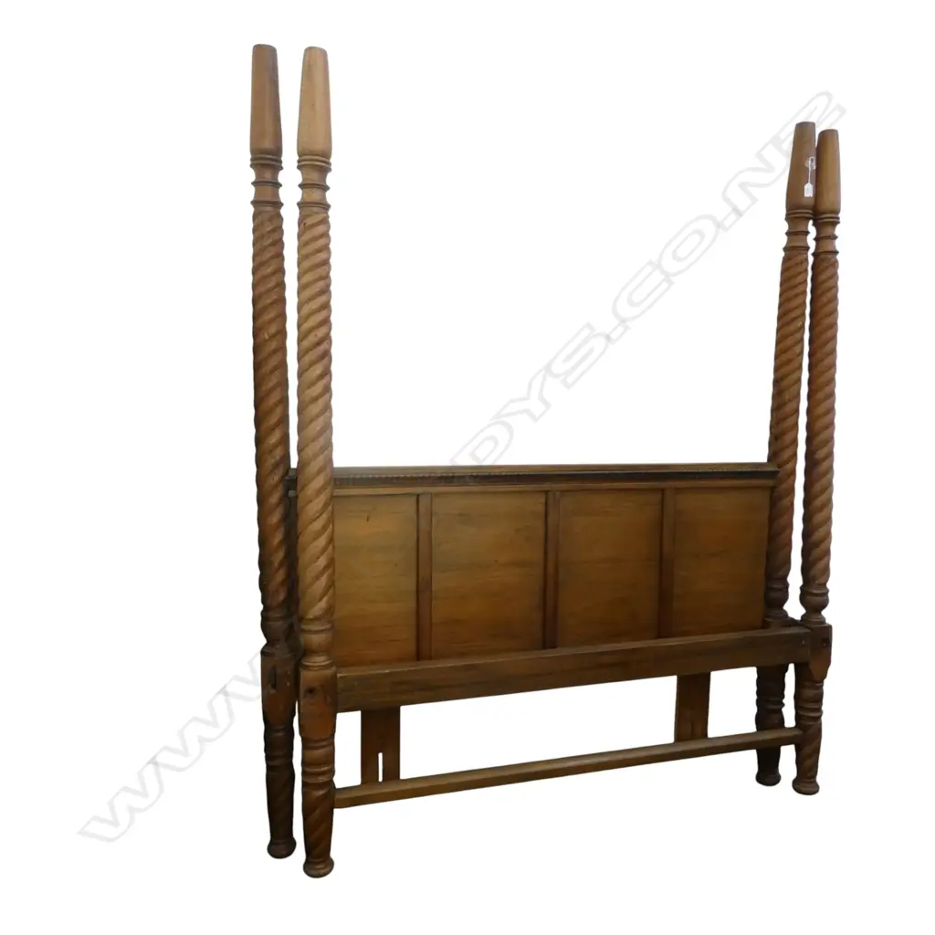 An old Anglo Indian carved and turned teak queen size 4-poster bed carved paneled headboard no rails Image 1++