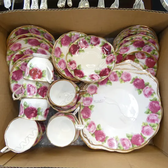 ASST. ROYAL ALBERT OLD ENGLISH ROSES, 6 SERVING PLATES, 9 ASST. CUPS (3 broken) & LRG QTY SAUCERS