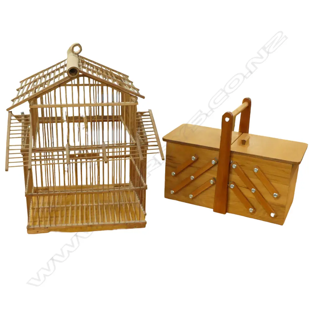 WOODEN BIRD CAGE H.430mm + FOLD OUT SEWING BOX W.395mm Image 1++