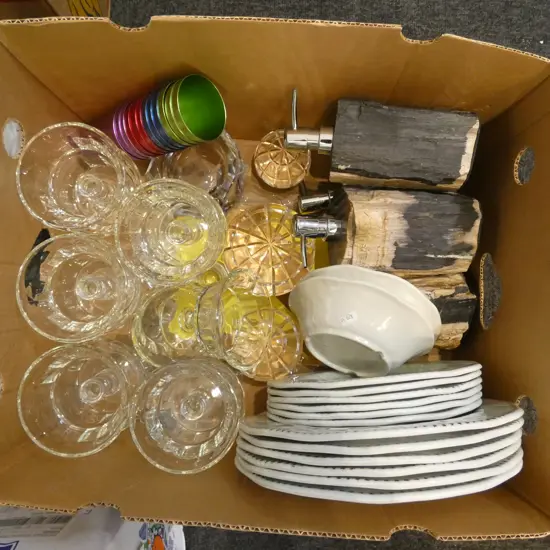 BOX OF ASST. KITCHEN WARE etc Incl. DISPENSERS, PRIMO PLATES, etc