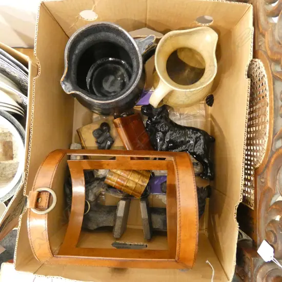 ASST. COLLECTIBLES; HORSE BUST BOOKENDS, 2 POTTERY JUGS faults, ETC