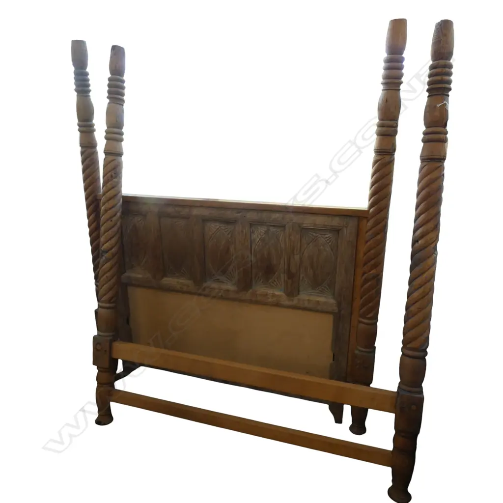 An old Anglo Indian carved and turned teak queen size 4-poster bed carved paneled headboard no rails Image 1++