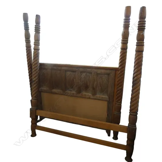 An old Anglo Indian carved and turned teak queen size 4-poster bed carved paneled headboard no rails