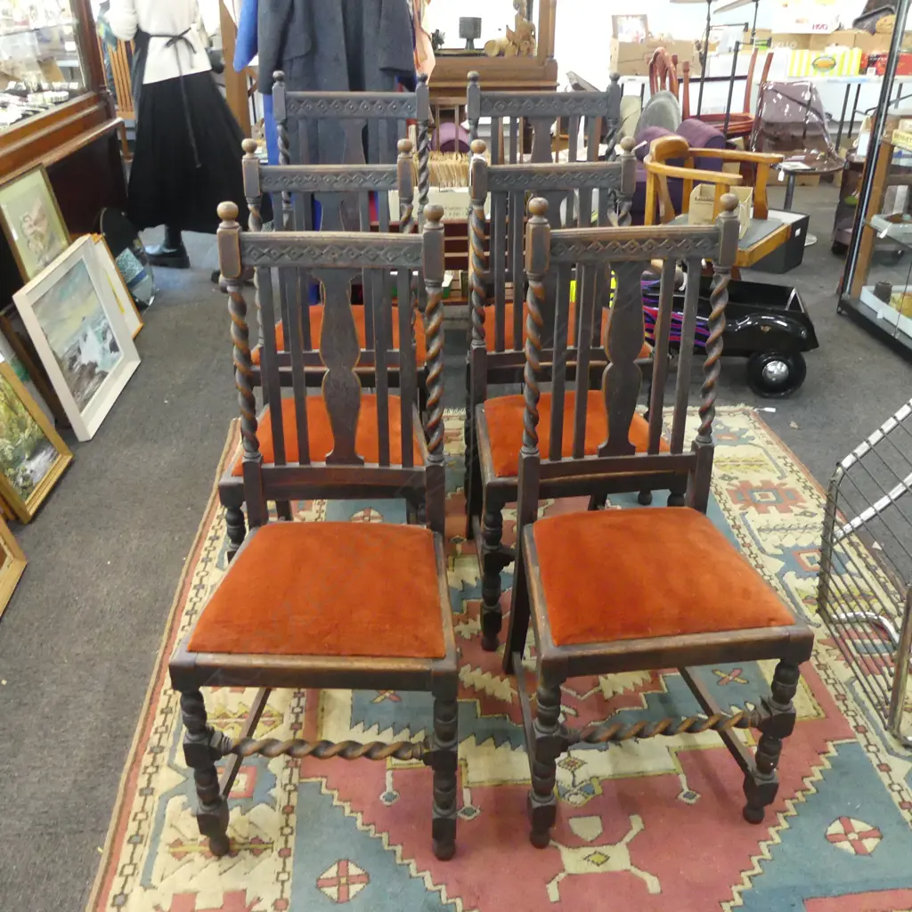 6 EARLY 20thC OAK BARLEY TWIST DINING CHAIRS Image 1++