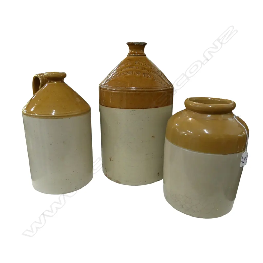 'GLOY' A.W. COLLIER Ltd CROCK + 2 STONEWARE FLAGONS; DOULTON Co. McKINNEL KIRKUP & CO (FAULTS) + OTHER H.400mm Image 1++