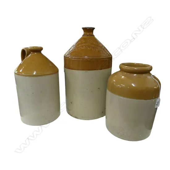 'GLOY' A.W. COLLIER Ltd CROCK + 2 STONEWARE FLAGONS; DOULTON Co. McKINNEL KIRKUP & CO (FAULTS) + OTHER H.400mm