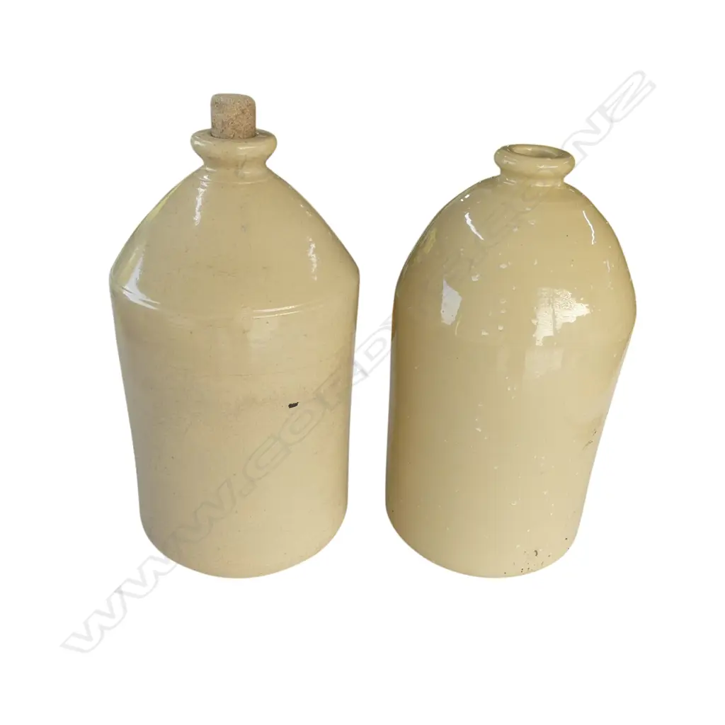 2 CREAM GLAZE STONEWARE CROCKS one with stopper faults Image 1++