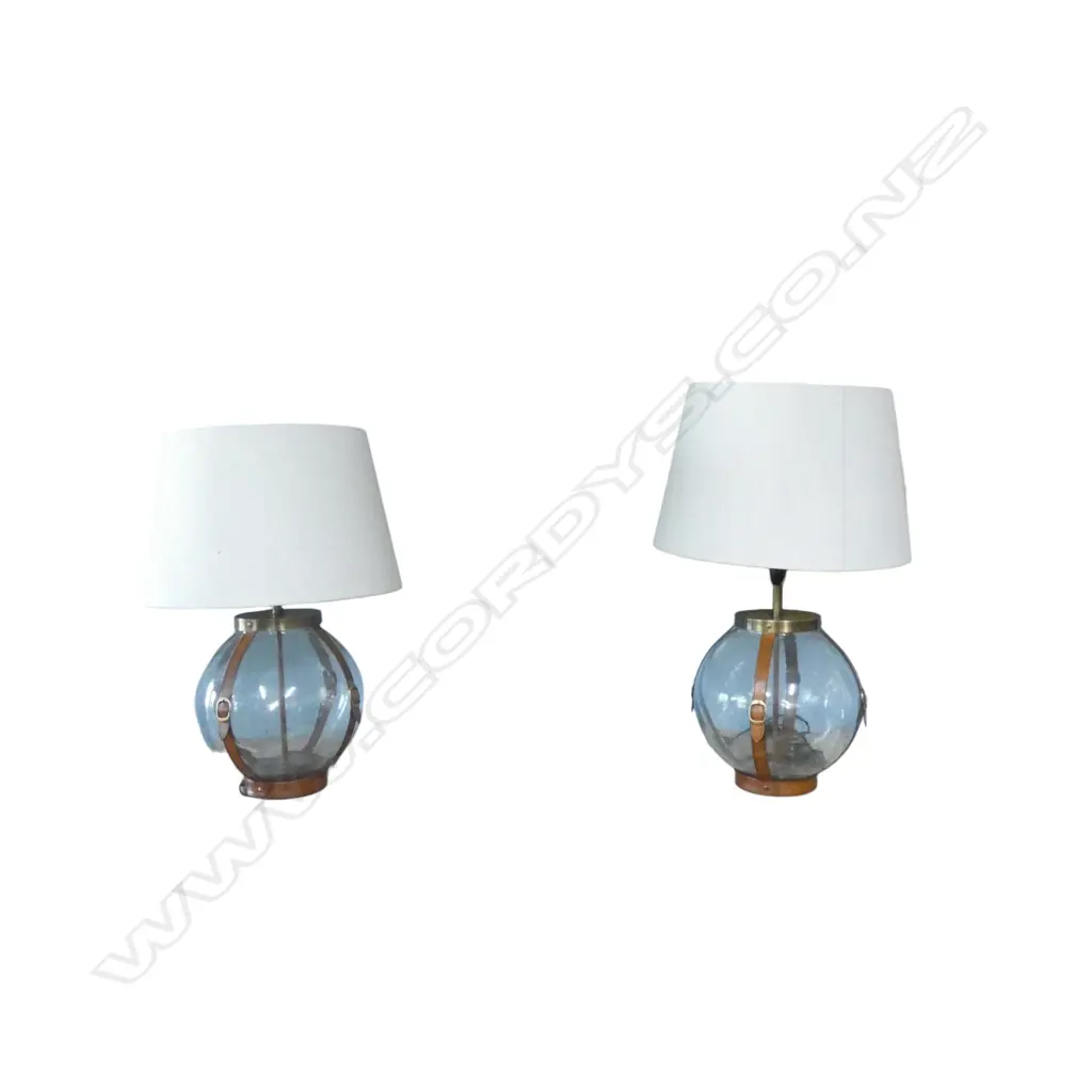 PR GLASS ORB TABLE LAMPS leather straps, one shade faulted H.665mm Image 1++